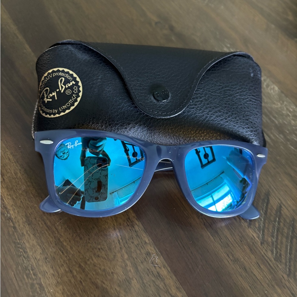 Ray-Ban Sunglasses with Blue Lenses and Black Case